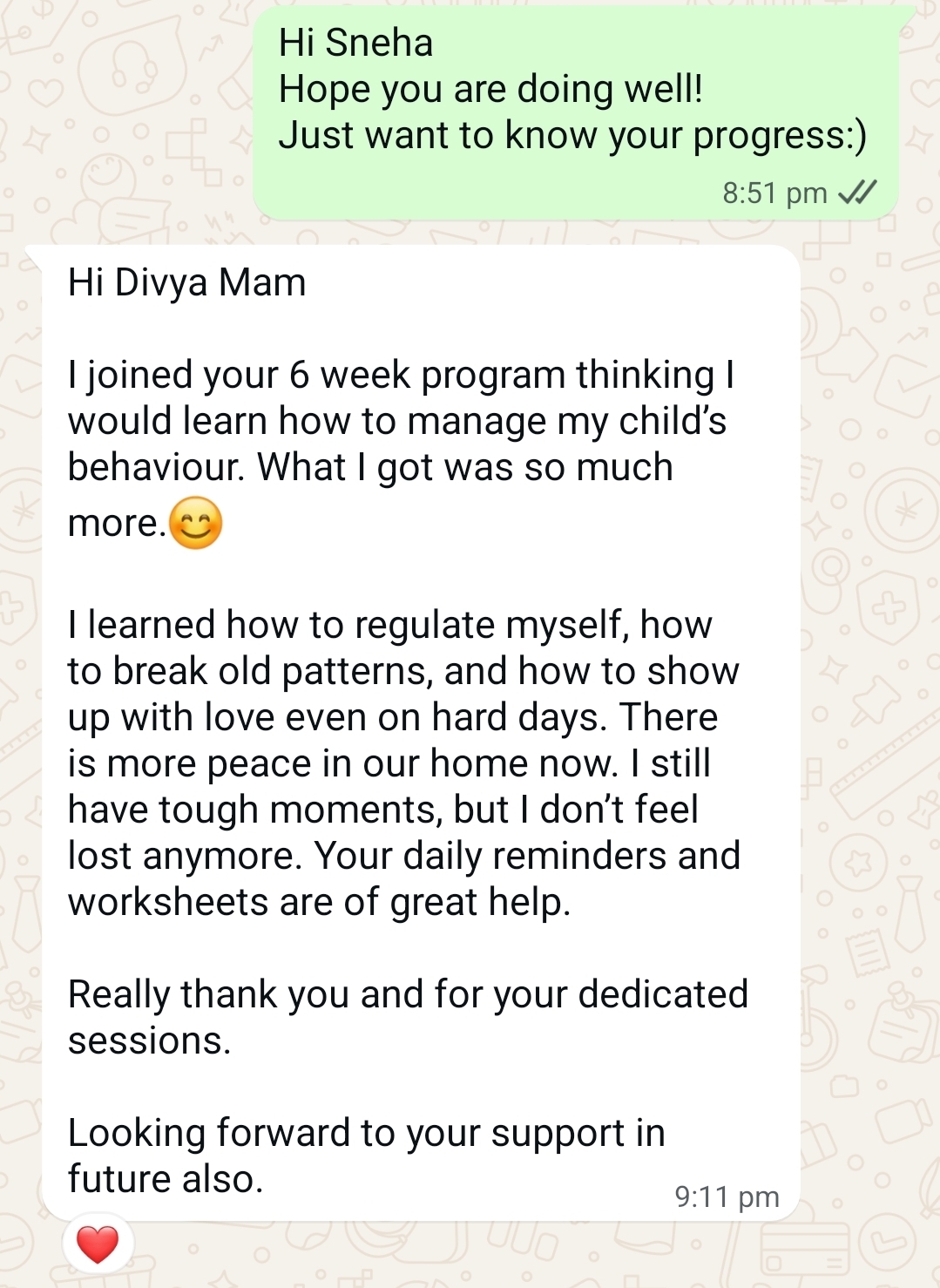 Message from a parent Divya has guided 3